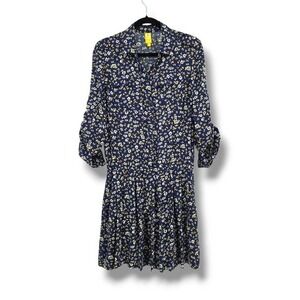 QMack Floral Print Shirt‎ Dress Long Sleeve Pockets Casual Blue Size M